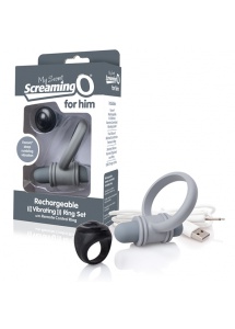 Pierścień erekcyjny do stymulacji krocza, z pilotem - The Screaming O Charged Remote Control Bullet and Ring for Him  Szary