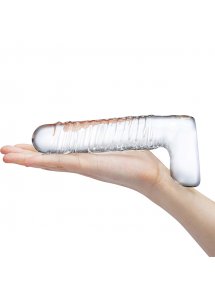 Szklane realistyczne dildo z jądrami - Glass Realistic Ribbed Glass G-Spot Dildo with Balls  